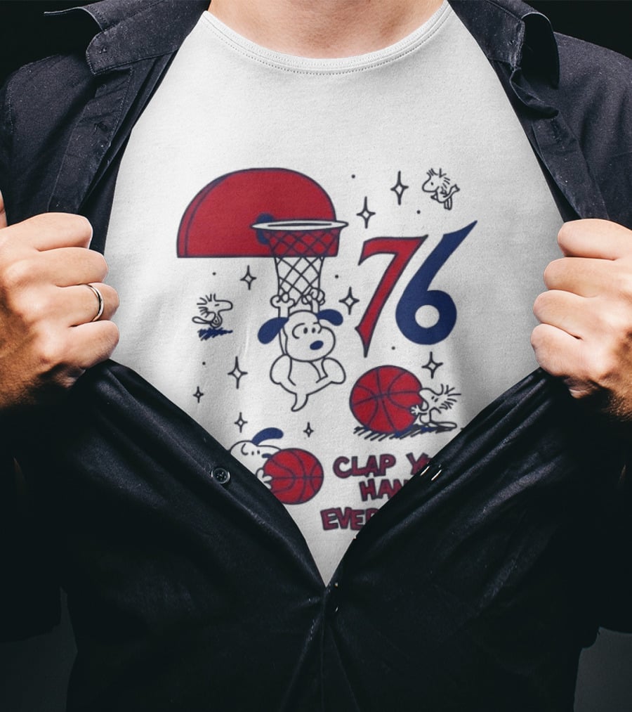 Snoopy Philadelphia 76ers Clap Your Hands Everybody Basketball Theme With Red And Blue T-Shirt