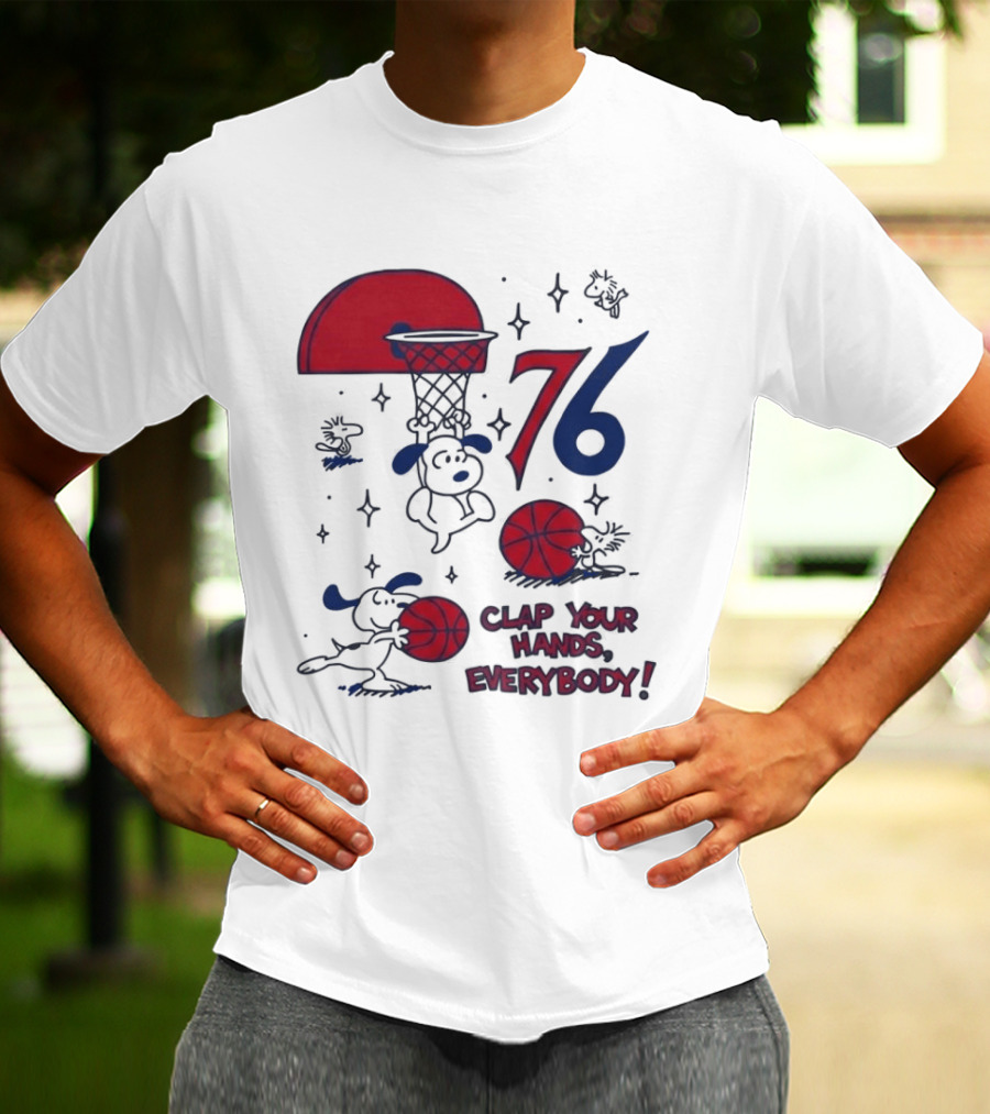 Snoopy Philadelphia 76ers Clap Your Hands Everybody Basketball Theme With Red And Blue T-Shirt