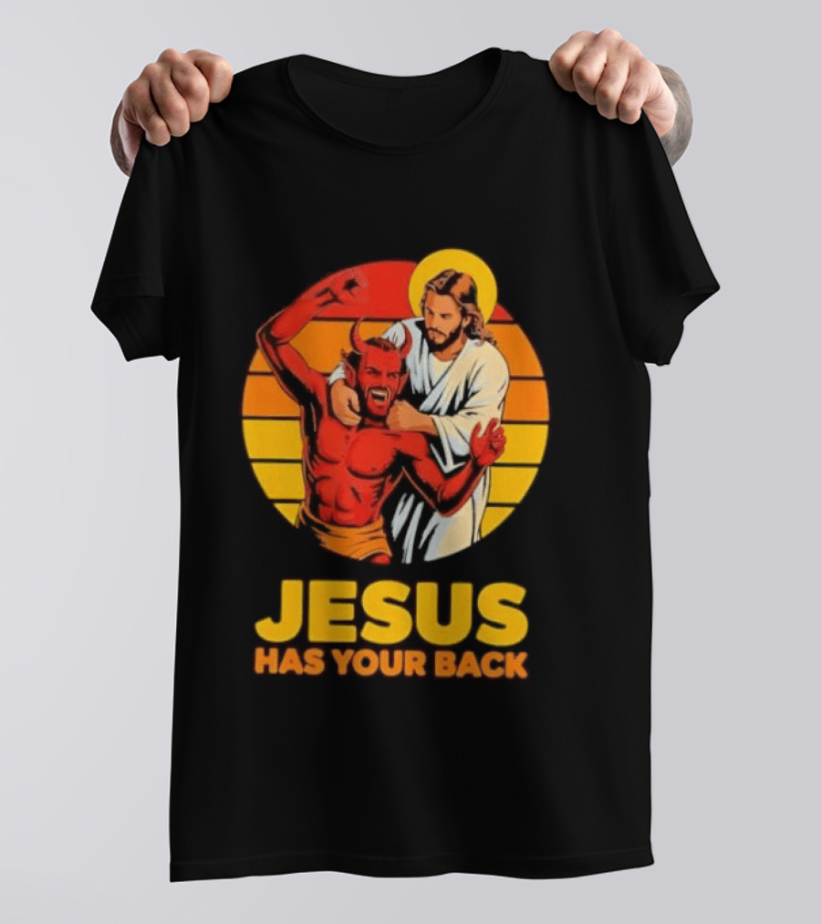 Jesus Has Your Back Vintage Illustration With Devil And Halo Symbolism T-Shirt