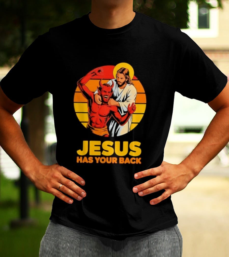 Jesus Has Your Back Vintage Illustration With Devil And Halo Symbolism T-Shirt