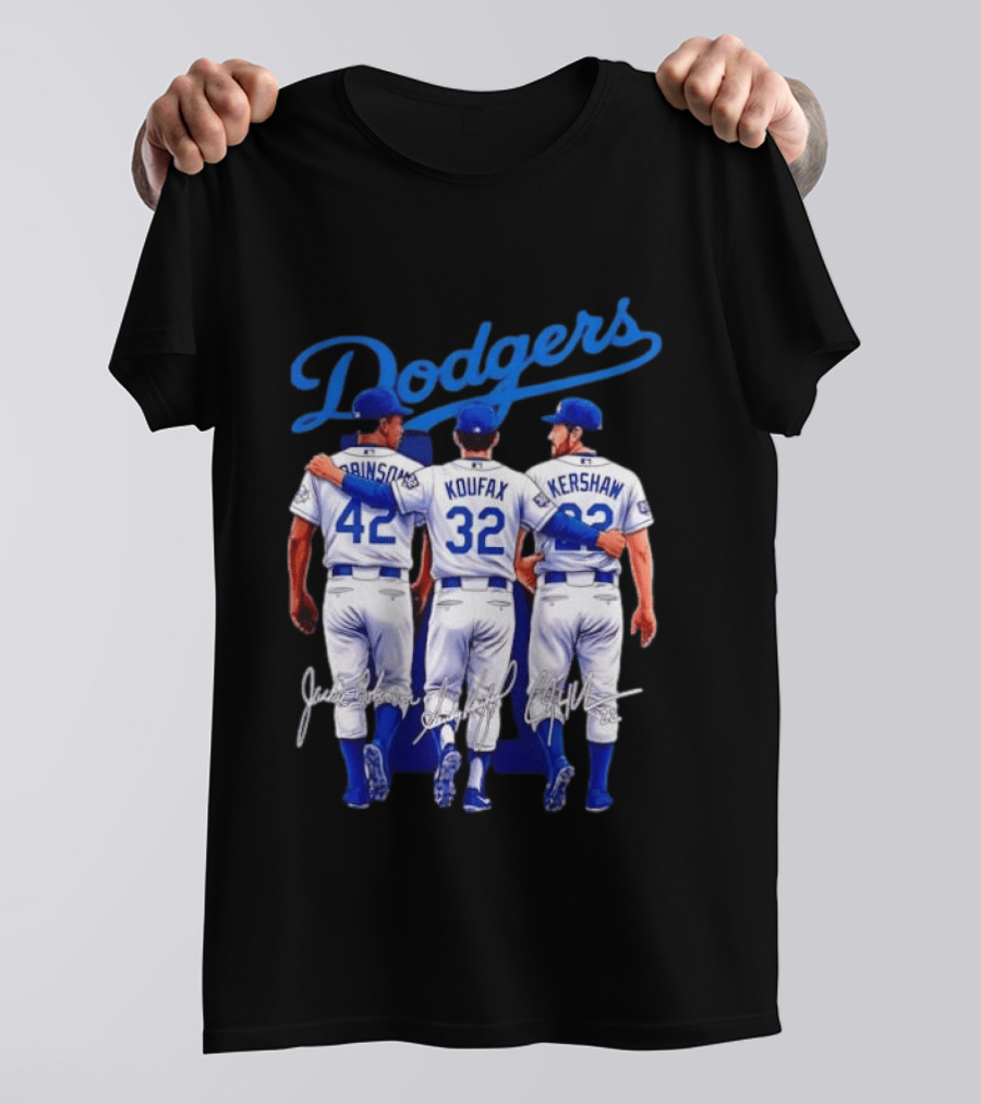 Los Angeles Dodgers Legendary Trio Jackie Robinson Sandy Koufax Clayton Kershaw Signatures T-Shirt