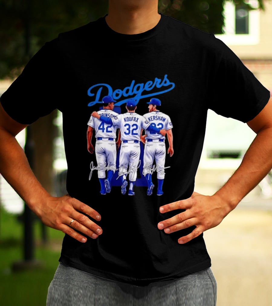 Los Angeles Dodgers Legendary Trio Jackie Robinson Sandy Koufax Clayton Kershaw Signatures T-Shirt