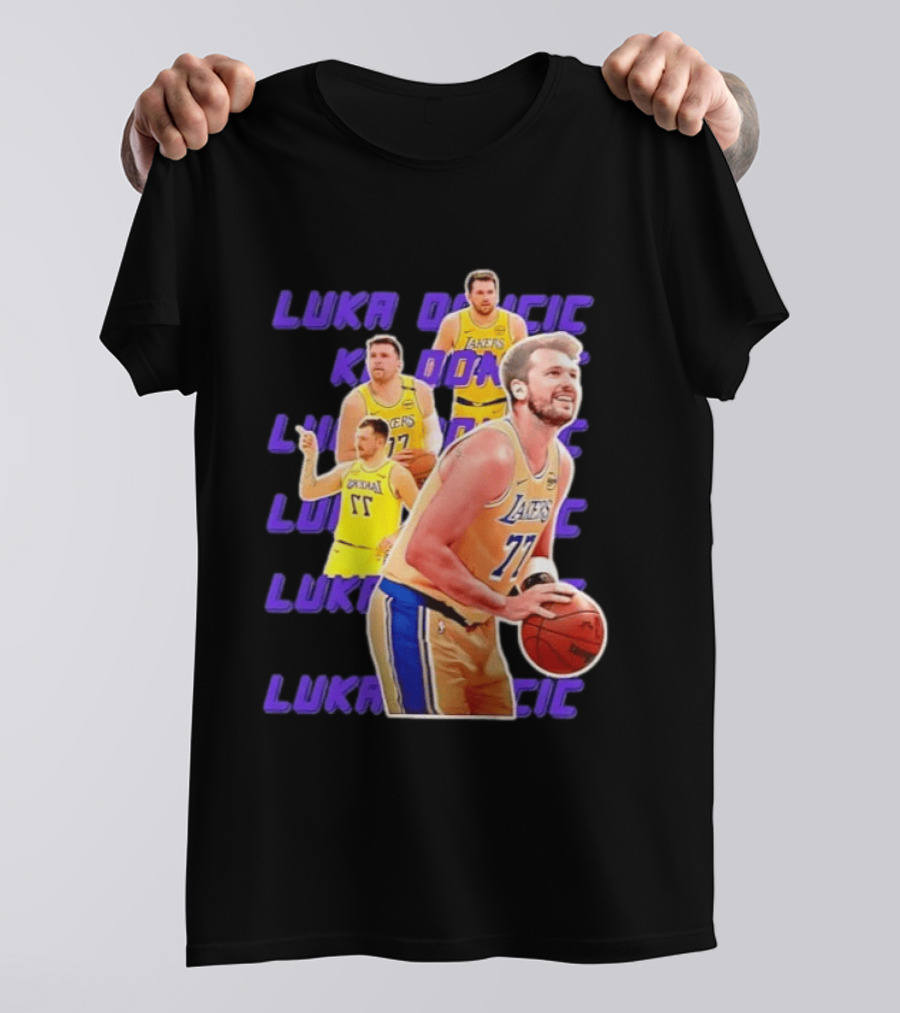 Luka Doncic Lakers 77 Action Shot Multiple Pose Purple Basketball Display T-Shirt