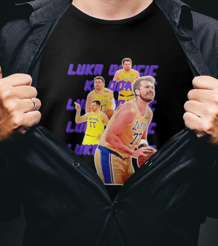 Luka Doncic Lakers 77 Action Shot Multiple Pose Purple Basketball Display T-Shirt