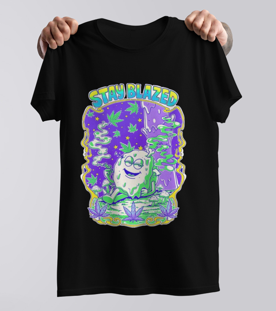 Stay Blazed Trippy Cannabis Character Psychedelic Art Leafs And Mushrooms T-Shirt