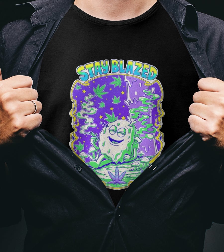 Stay Blazed Trippy Cannabis Character Psychedelic Art Leafs And Mushrooms T-Shirt