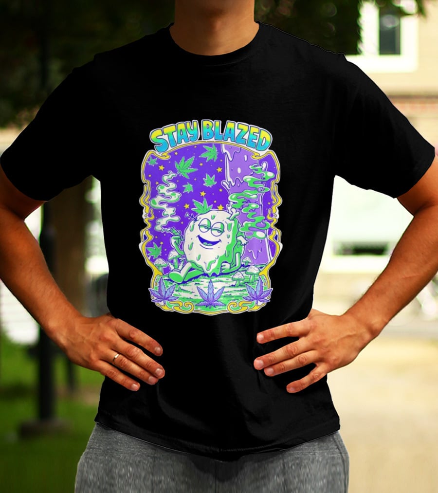 Stay Blazed Trippy Cannabis Character Psychedelic Art Leafs And Mushrooms T-Shirt