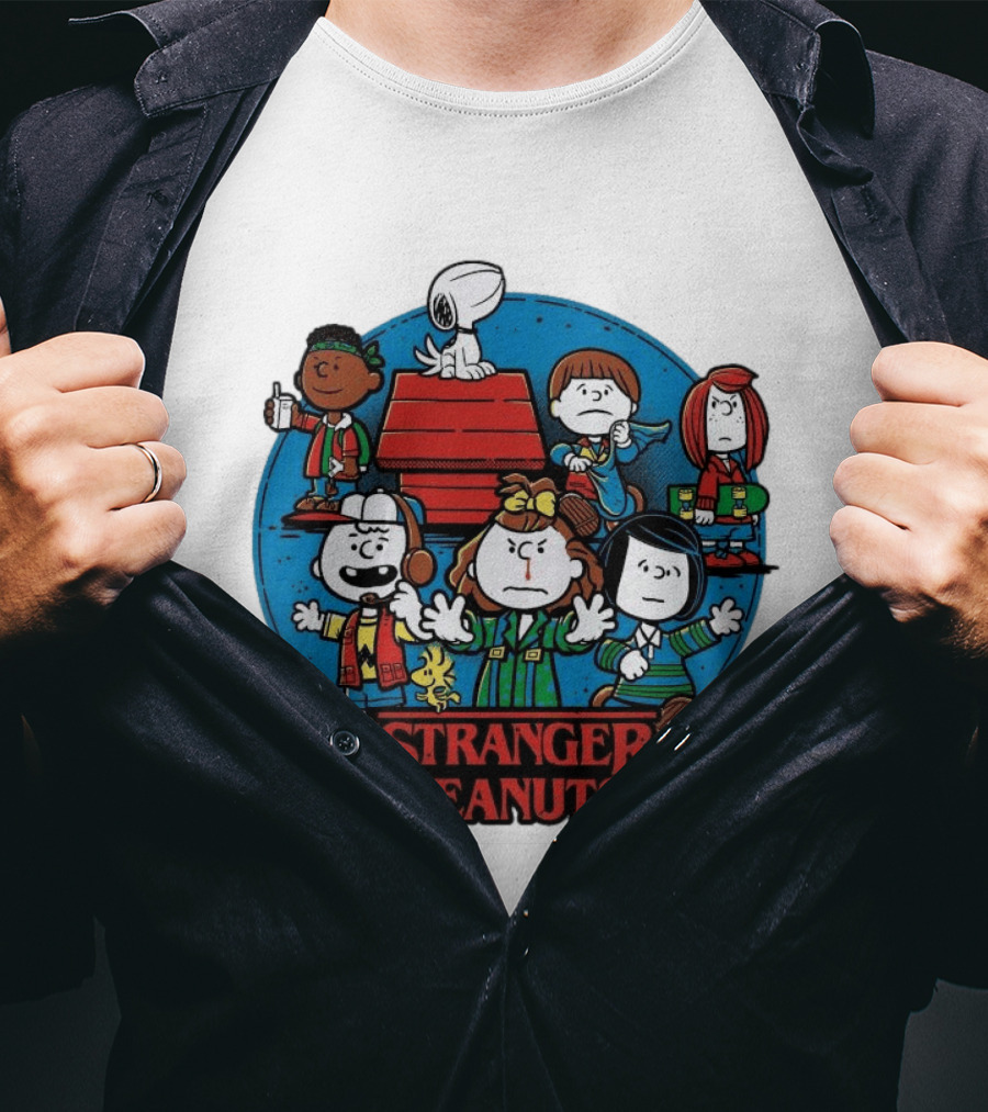 Stranger Peanuts Cartoon Characters Crossover Red Doghouse Blue Circle T-Shirt