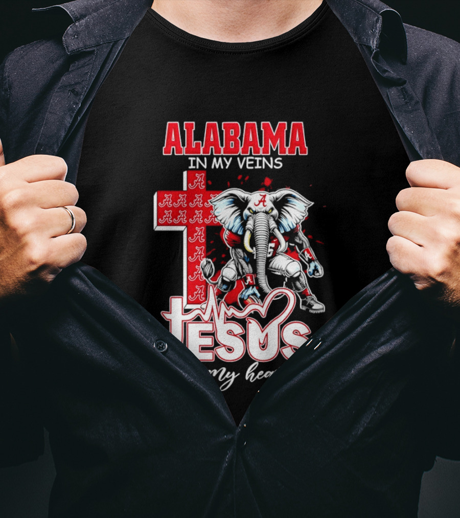 Alabama Crimson Tide In My Veins Jesus In My Heart Elephant Cross T-Shirt