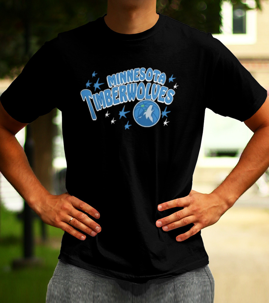 Minnesota Timberwolves Starter Black Fireworks Starry Blue Basketball Wolf T-Shirt