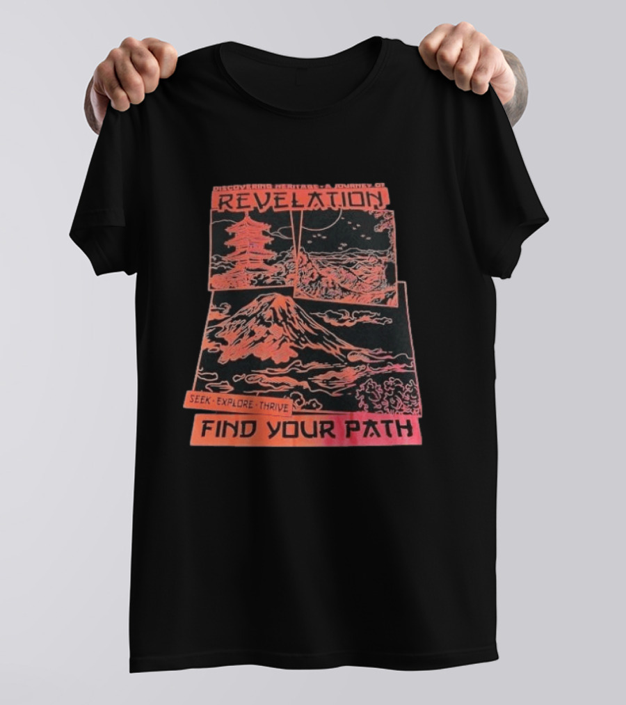 Discovering Heritage Journey Revelation Seek Explore Thrive Find Your Path Mountain Pagoda Landscape T-Shirt