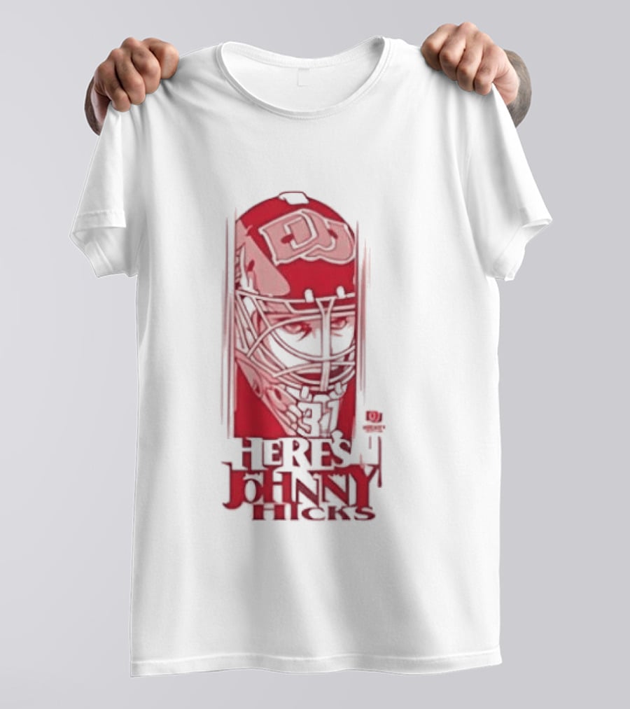 Here's Johnny Hicks Denver Pioneers Men's Ice Hockey Mask DJ T-Shirt