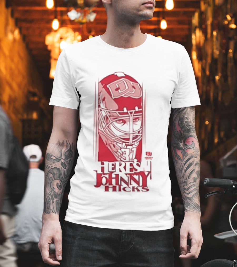 Here's Johnny Hicks Denver Pioneers Men's Ice Hockey Mask DJ T-Shirt