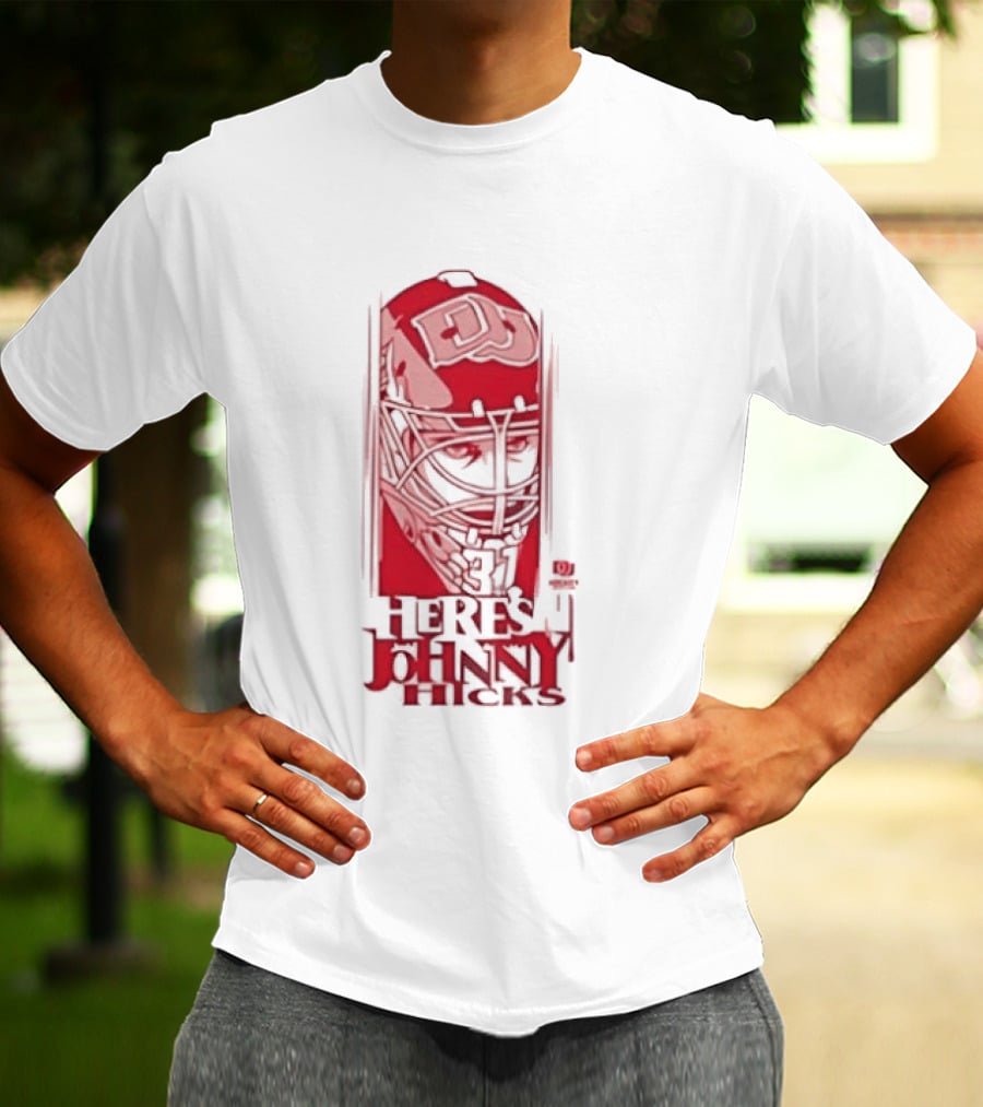 Here's Johnny Hicks Denver Pioneers Men's Ice Hockey Mask DJ T-Shirt