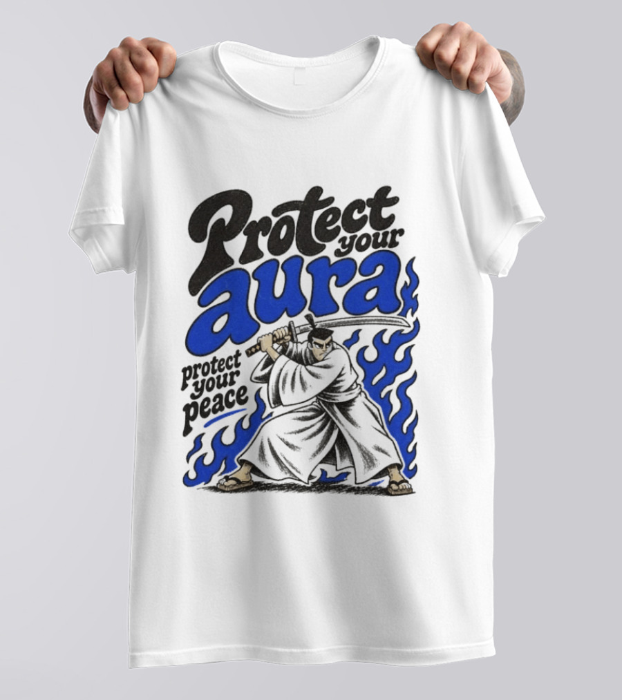 Protect Your Aura Samurai Protect Your Peace Blue Flames T-Shirt