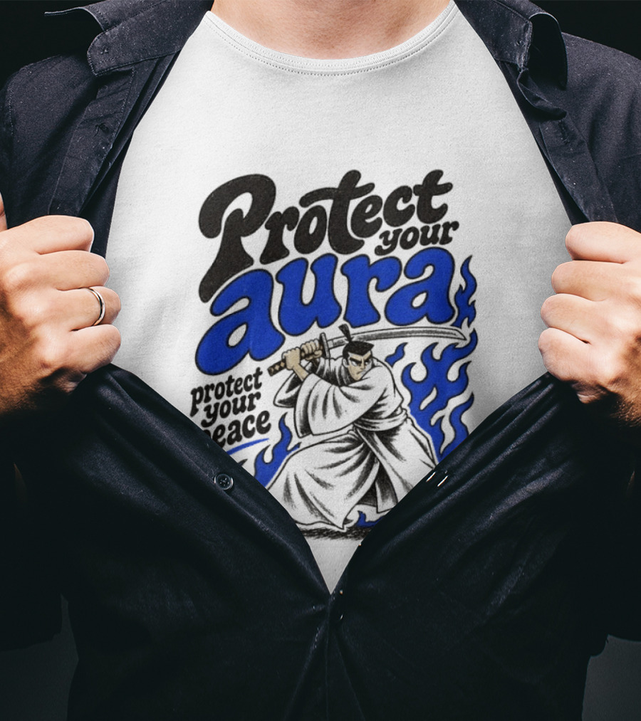 Protect Your Aura Samurai Protect Your Peace Blue Flames T-Shirt