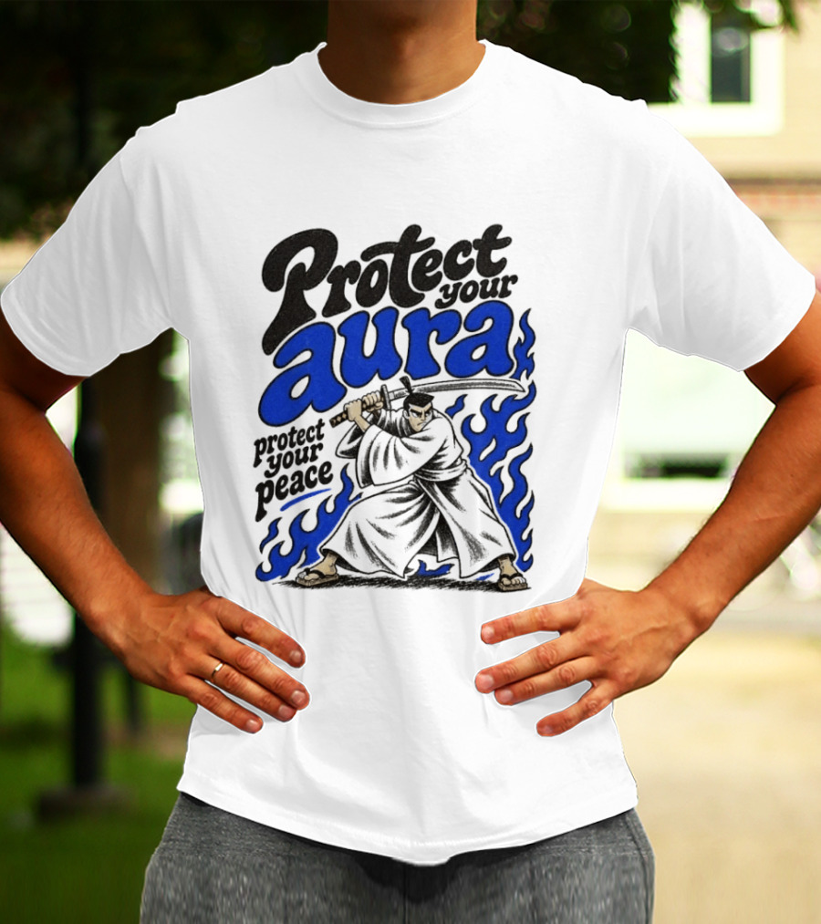 Protect Your Aura Samurai Protect Your Peace Blue Flames T-Shirt