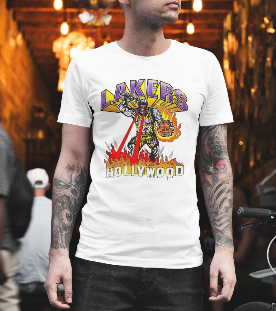 Rare Warren Lotas Los Angeles Lakers Hollywood Basketball Player Flames Laser Eyes 23 Team T-Shirt