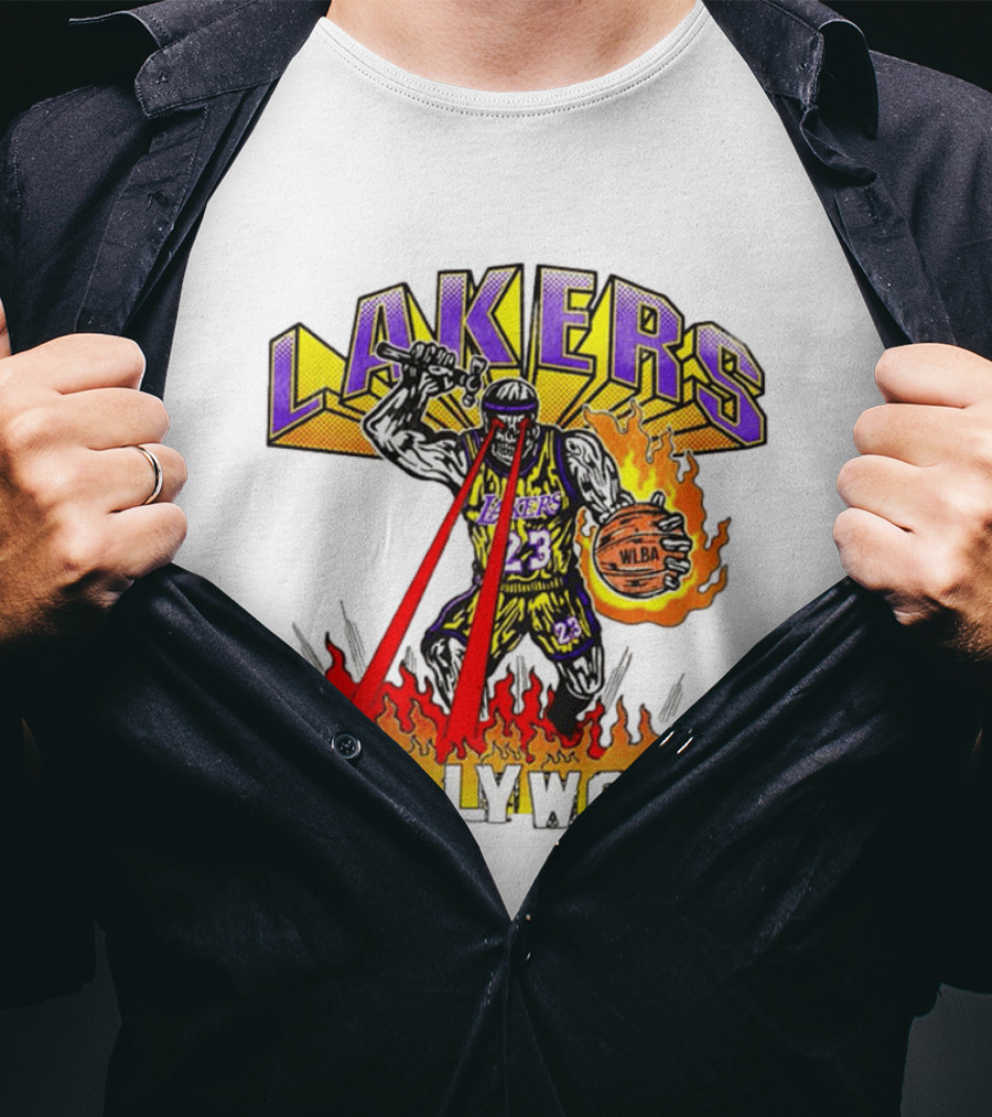 Rare Warren Lotas Los Angeles Lakers Hollywood Basketball Player Flames Laser Eyes 23 Team T-Shirt