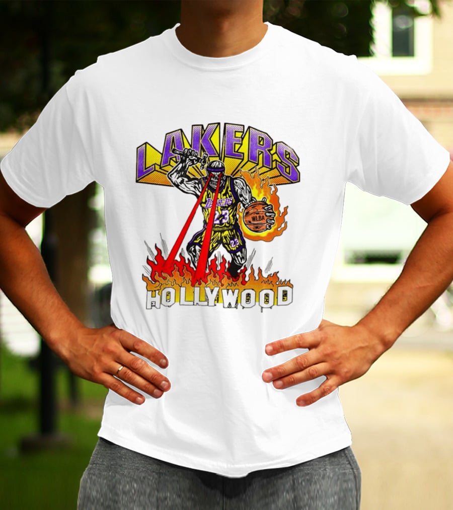 Rare Warren Lotas Los Angeles Lakers Hollywood Basketball Player Flames Laser Eyes 23 Team T-Shirt