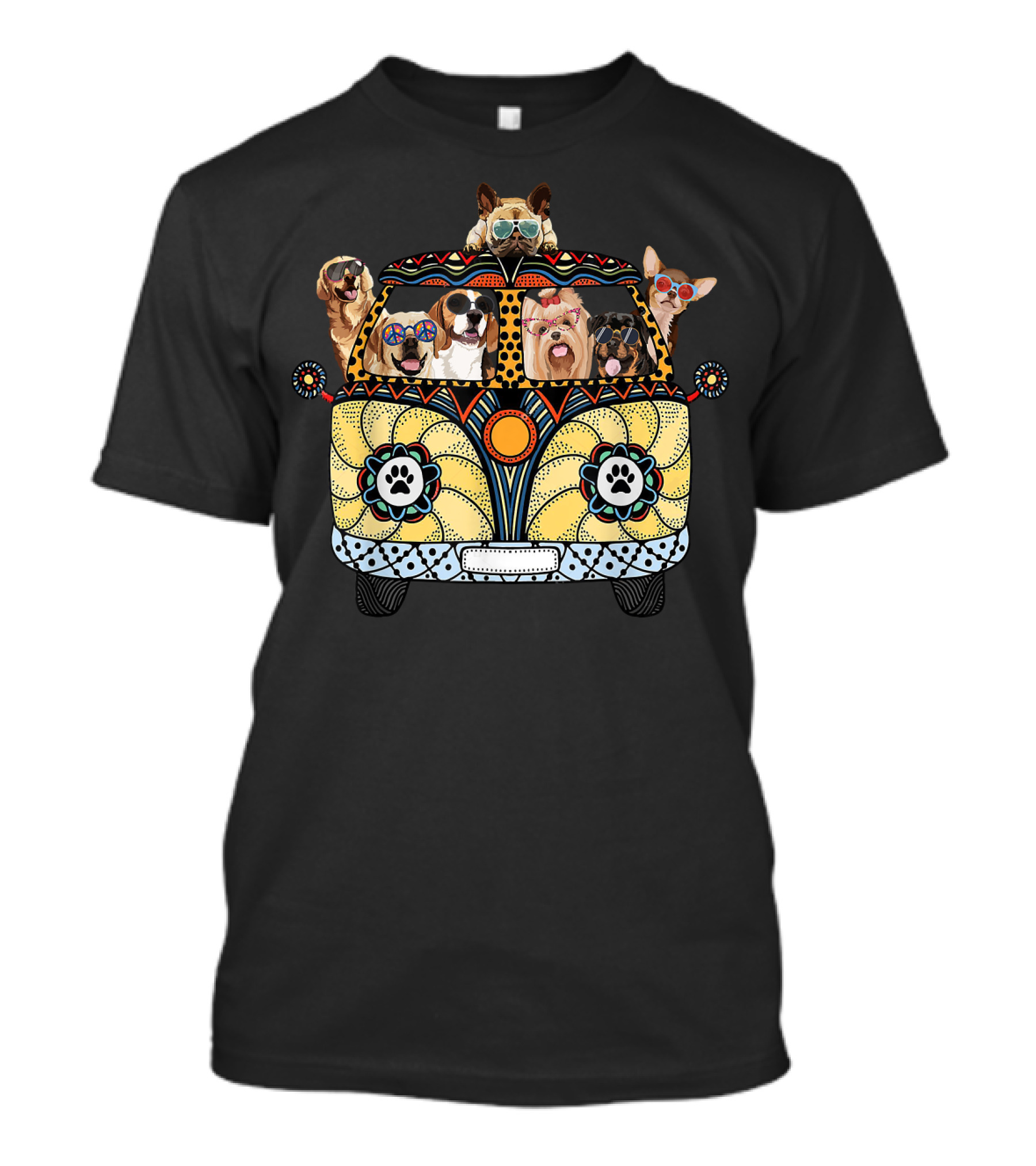 Hippie Van With Dogs And Sunglasses Peace Love Summer Vibes T-Shirt