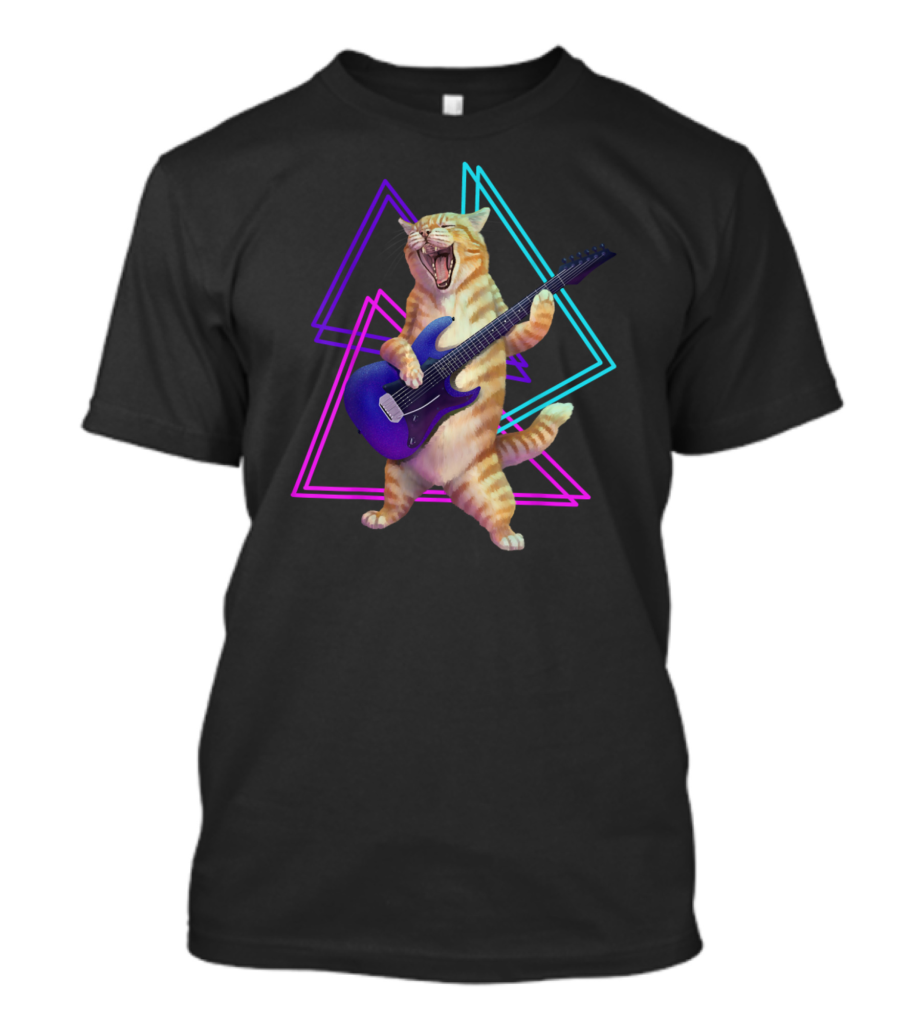 Guitar Cat Rock Kitty On Electric Guitar Neon Triangles T-Shirt