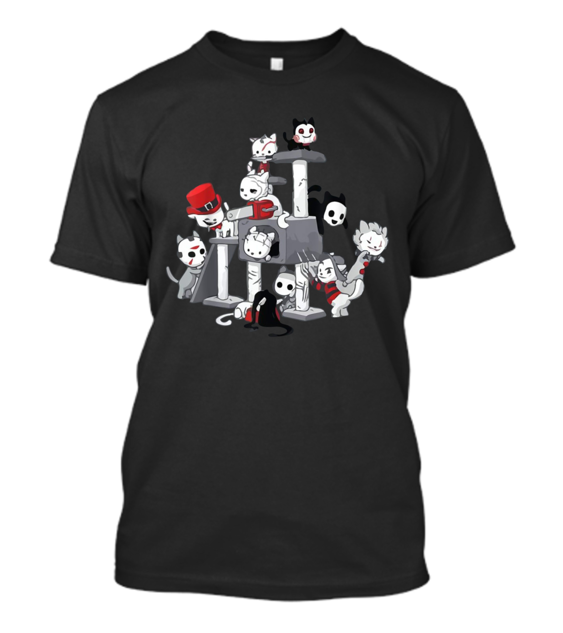 Cat Horror Movie Characters On Scratching Post With Masks And Costumes T-Shirt
