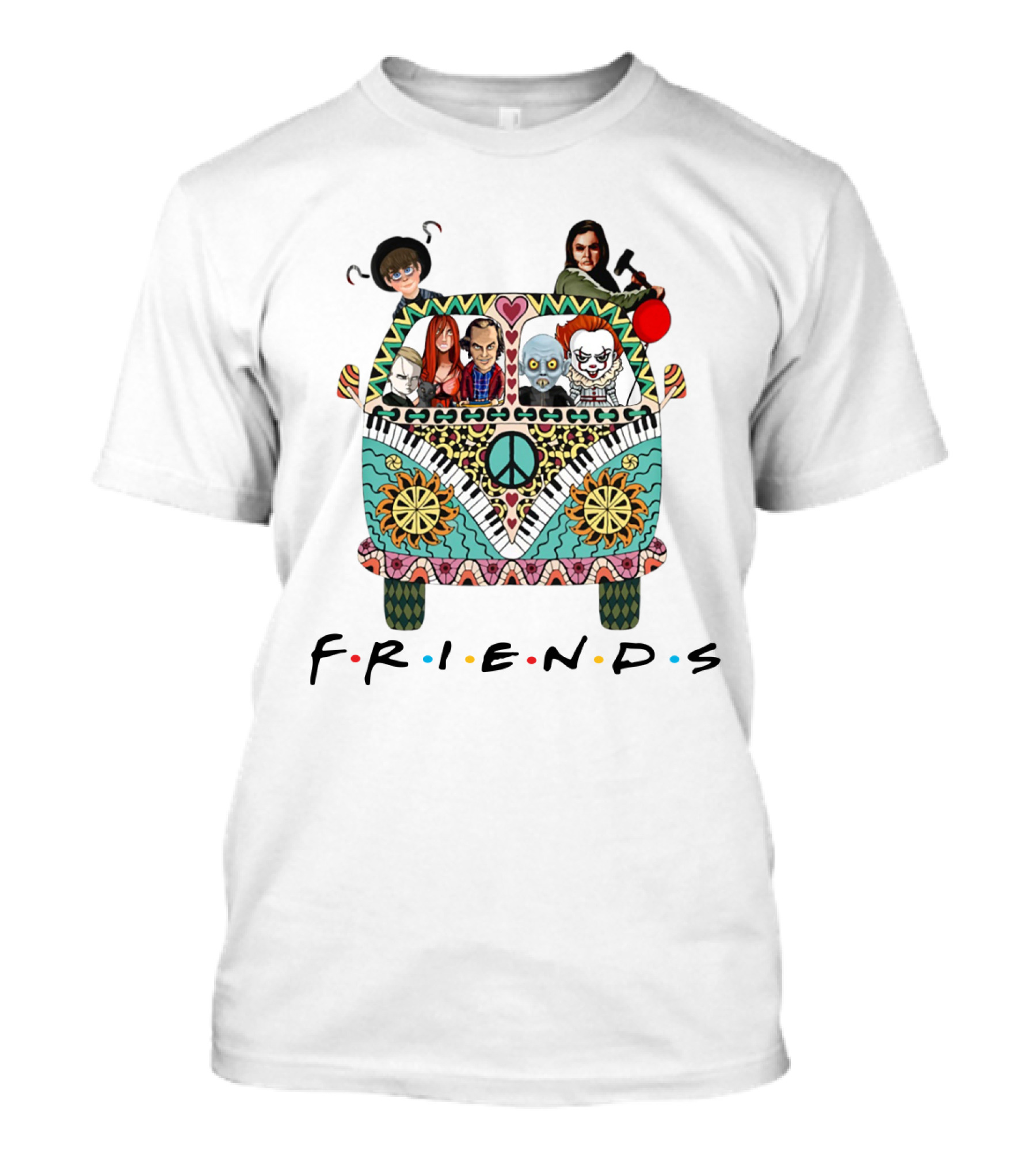 Hippie Van Journey With Friends Featuring Iconic Horror Movie Characters T-Shirt