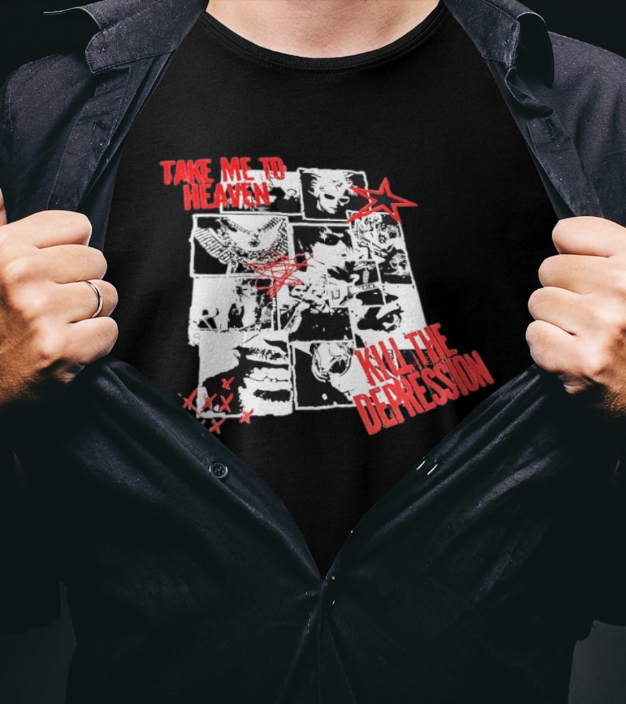 Take Me To Heaven Kill The Depression Kurt Cobain Nirvana Punk Rock Concert Collage T-Shirt