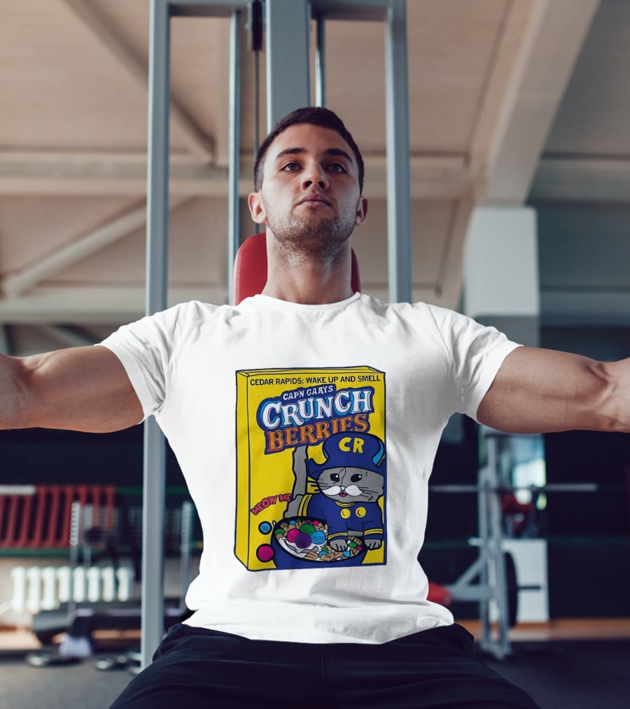 Cedar Rapids Wake Up And Smell Capn Garys Crunch Berries Meow Me Cat T-Shirt