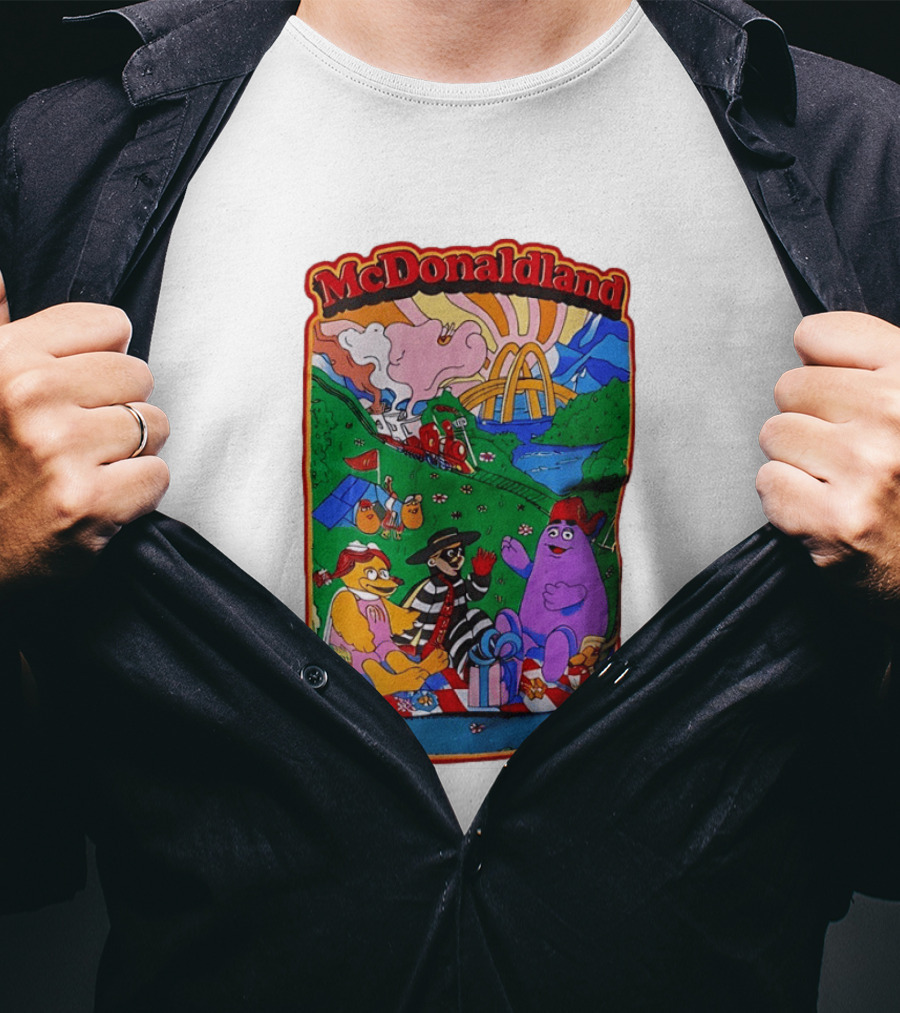 McDonaldland Hamburglar Grimace Birdie Picnic Train Scene T-Shirt