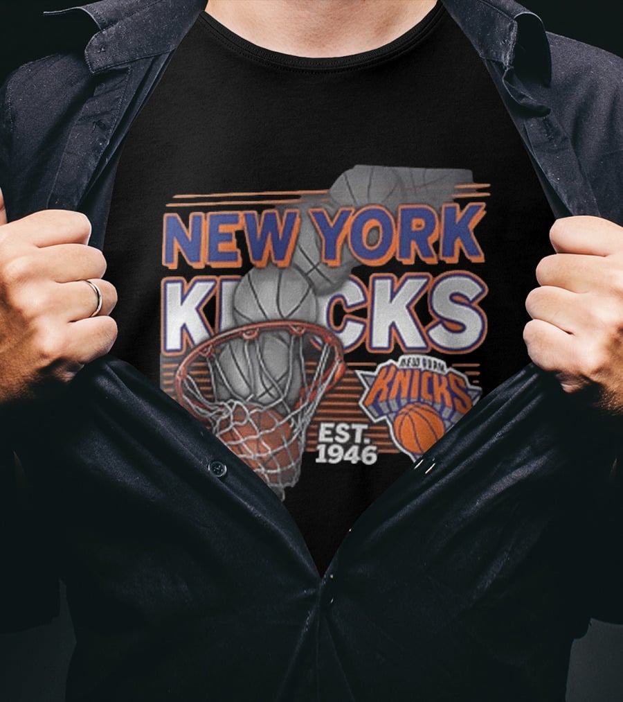 New York Knicks Basketball Hoop Net Est 1946 Team Logo 2 Sided T-Shirt
