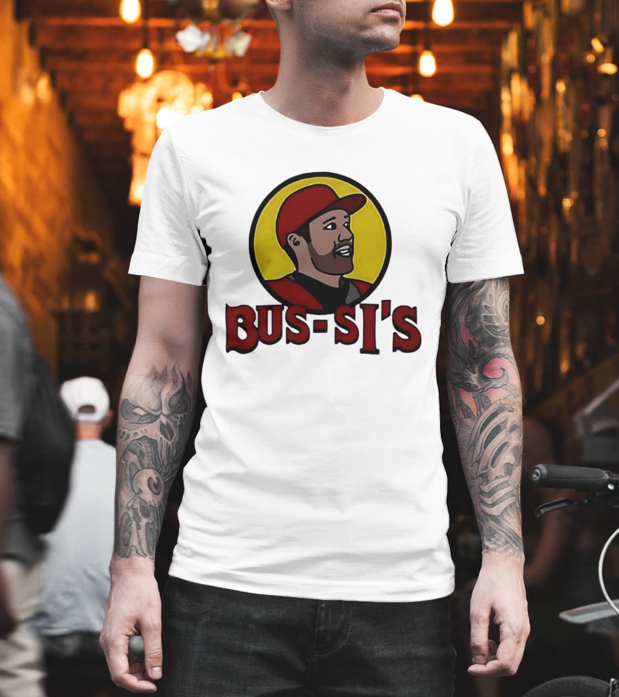 Bus Si's Baseball Player Cartoon Logo Design White T-Shirt