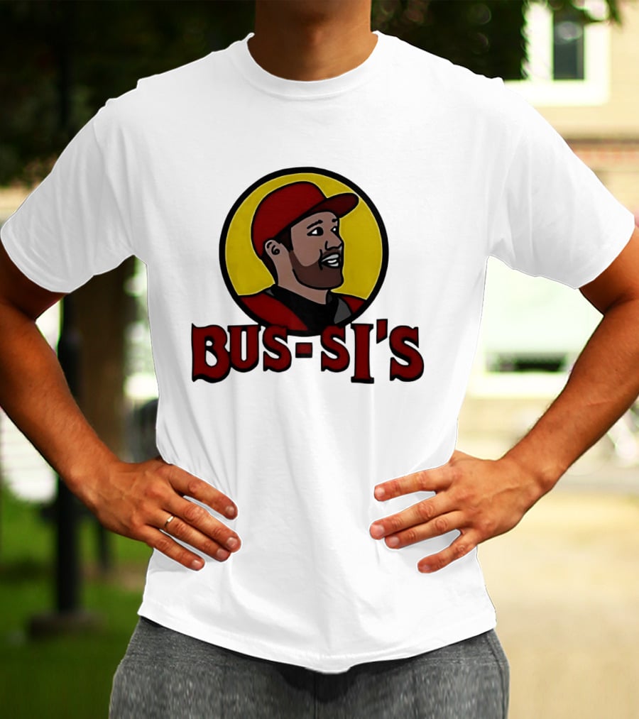Bus Si's Baseball Player Cartoon Logo Design White T-Shirt