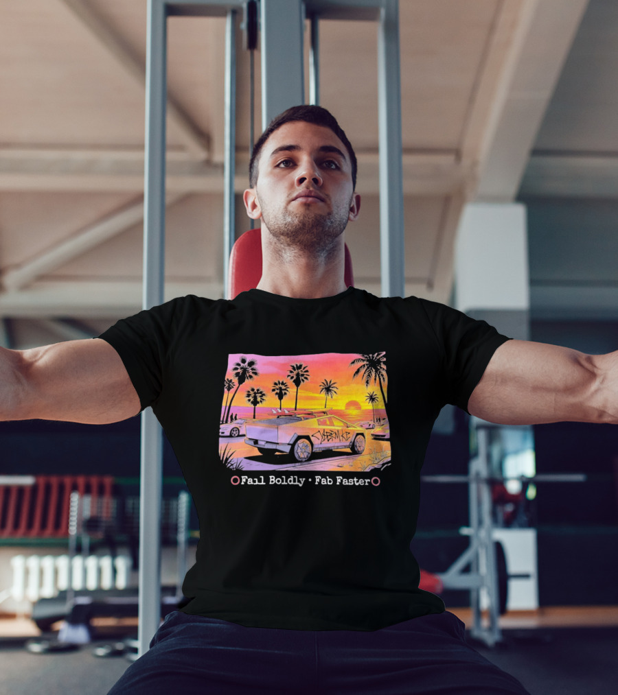 Cybertruck Beach Sunset Surfer Vibes Fail Boldly Fab Faster T-Shirt