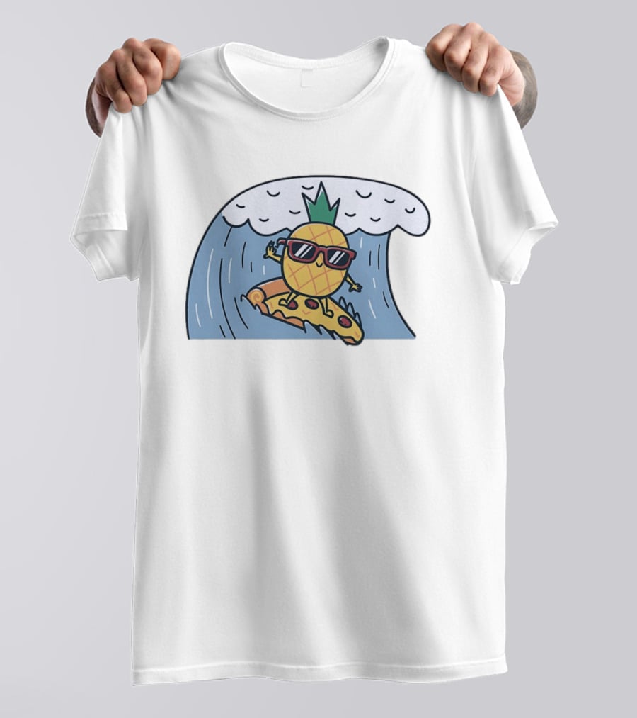 Pineapple Surfing On Pizza Slice Ocean Wave With Sunglasses Cartoon T-Shirt
