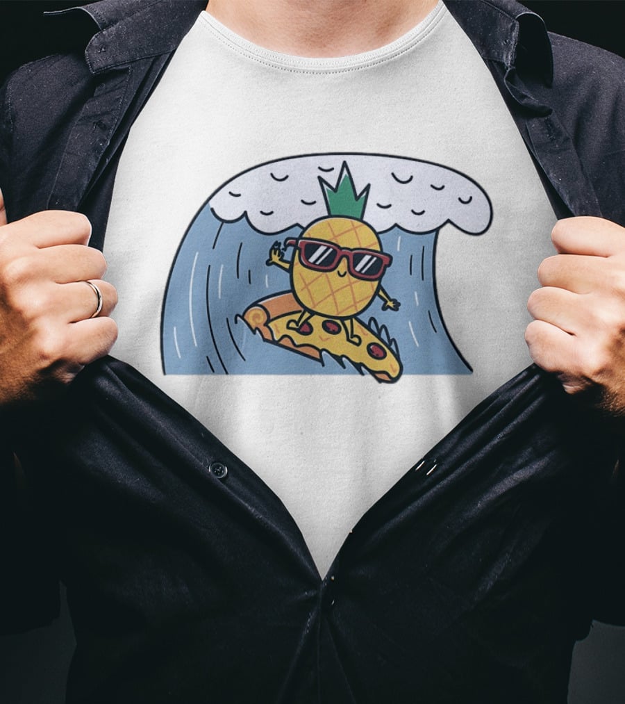Pineapple Surfing On Pizza Slice Ocean Wave With Sunglasses Cartoon T-Shirt