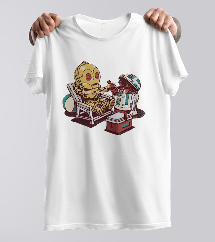 Stay Buddy Two Robots Relaxing Beach Chair Sci Fi Humor T-Shirt