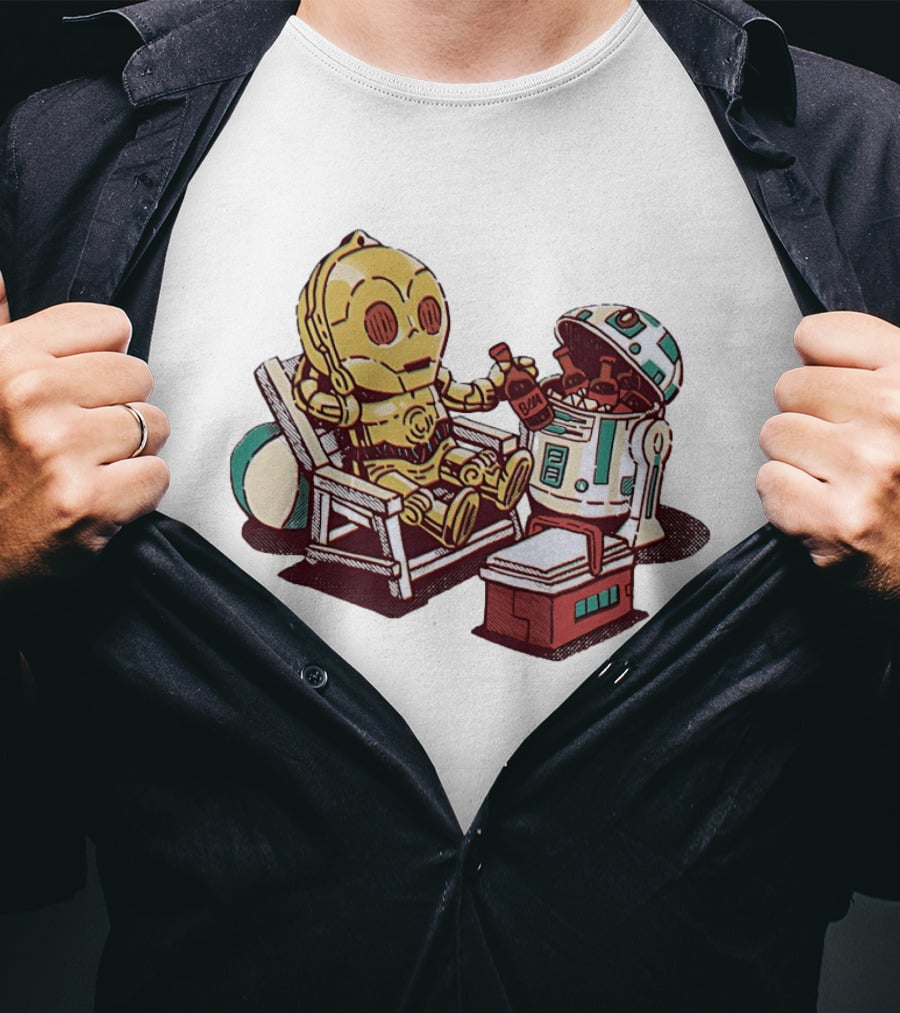 Stay Buddy Two Robots Relaxing Beach Chair Sci Fi Humor T-Shirt