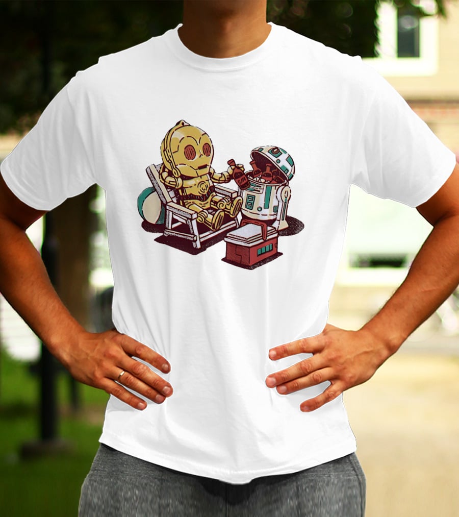 Stay Buddy Two Robots Relaxing Beach Chair Sci Fi Humor T-Shirt