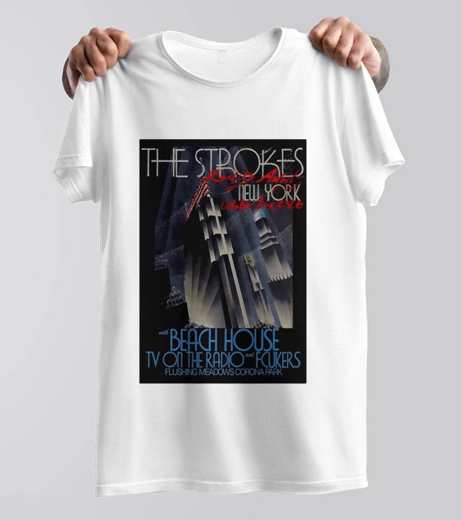The Strokes New York Concert October 2026 Flushing Meadows Corona Park With Beach House TV On The Radio Fcukers Deco Cityscape T-Shirt