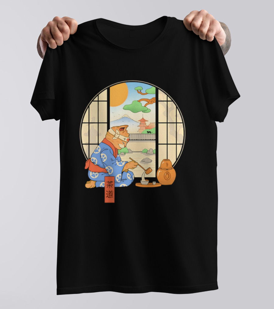 Ukiyo E Style Cat Tea Ceremony With Japanese Landscape T-Shirt