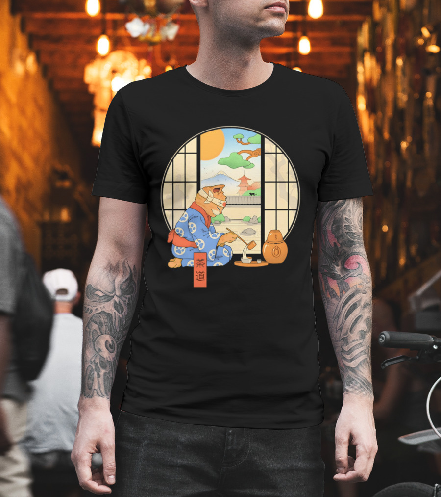 Ukiyo E Style Cat Tea Ceremony With Japanese Landscape T-Shirt