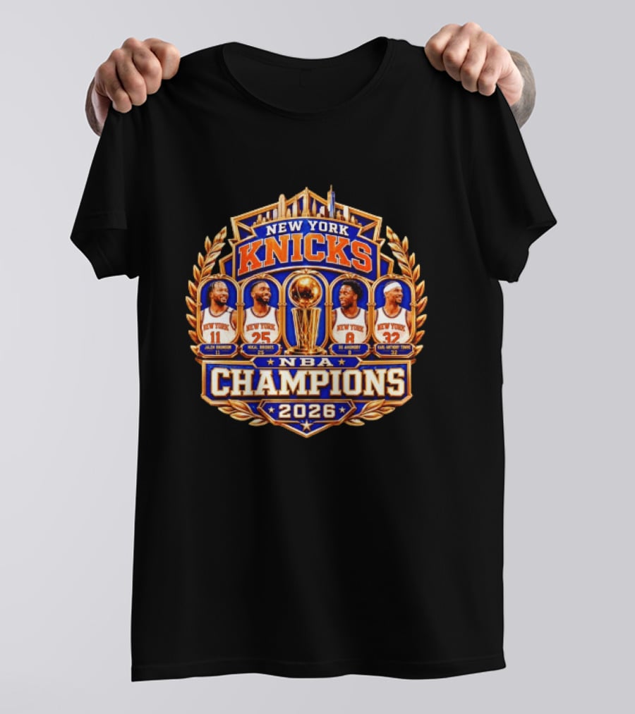 New York Knicks NBA Champions 2026 Jalen Brunson Mikal Bridges OG Anunoby Karl Anthony Towns T-Shirt
