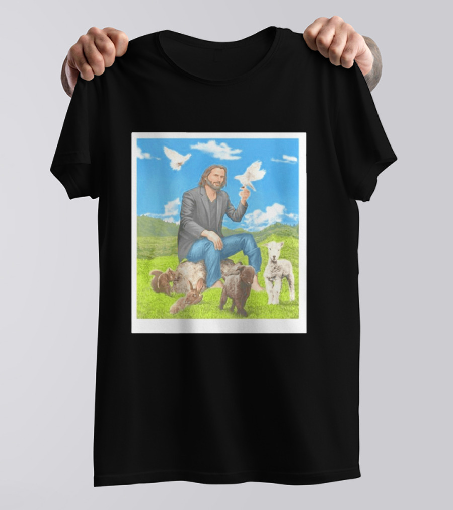 Keanu Reeves Surrounded By Animals In Peaceful Steppe Landscape T-Shirt