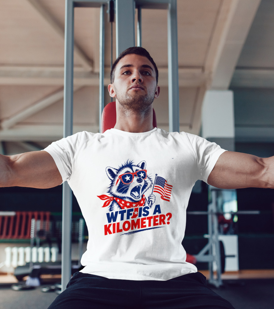 WTF Is A Kilometer Star Spangled Raccoon Holding American Flag 4th Of July T-Shirt