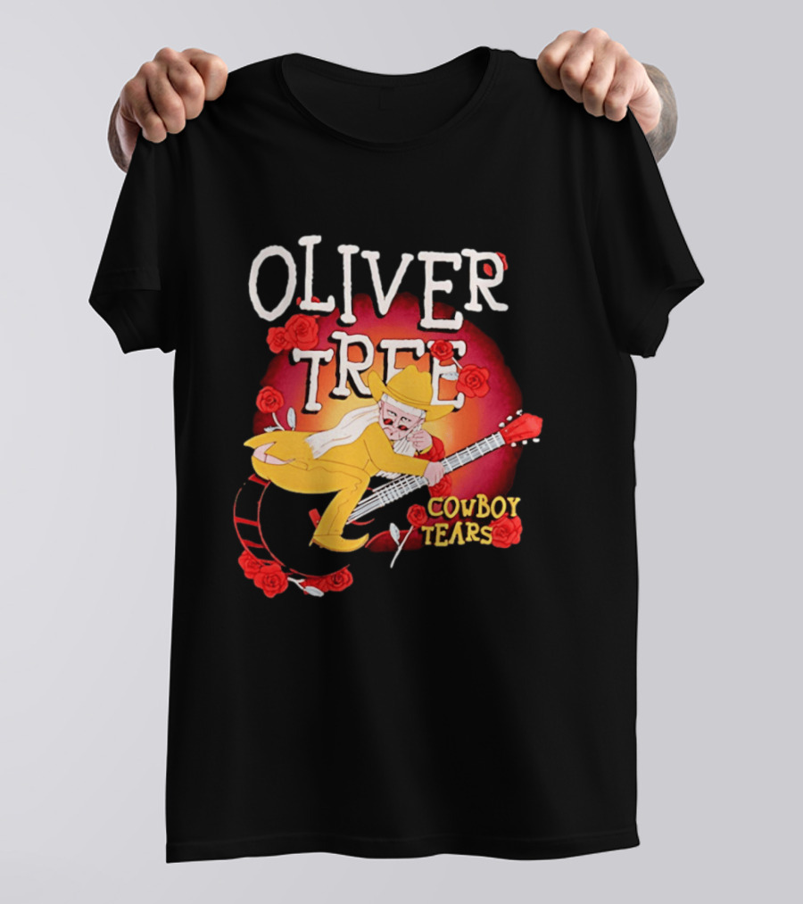 Oliver Tree Cowboy Tears Cartoon Character With Roses And Guitar T-Shirt