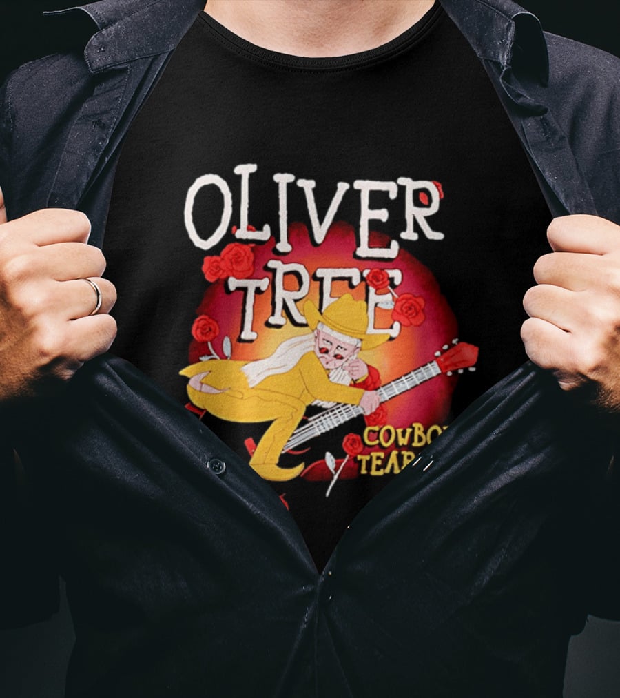 Oliver Tree Cowboy Tears Cartoon Character With Roses And Guitar T-Shirt