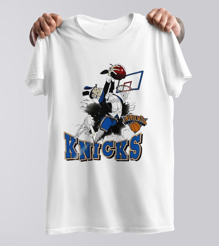 New York Knicks Dunking Red Apple Knicks Text Blue Basketball T-Shirt