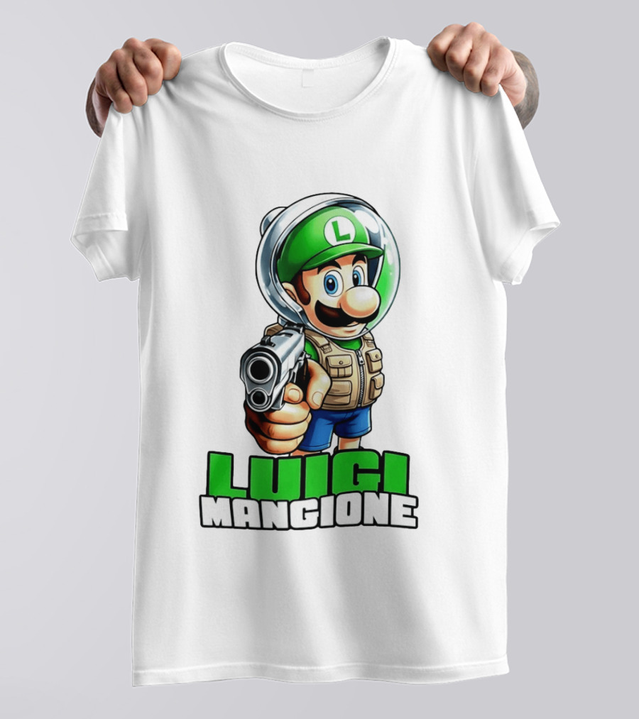 Luigi Mangione Super Mario Green Hat Gun Image T-Shirt